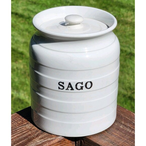 White Banded SAGO Covered Canister Storage Jar Vintage Antique Cornish Edwardian - Picture 1 of 5